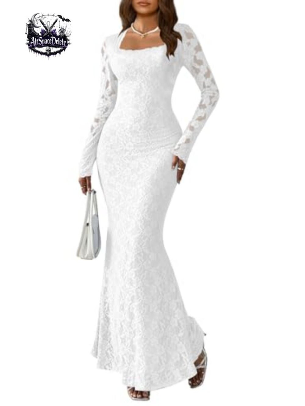 Long Sleeve Bodycon Square Neck Maxi Dress Lace Formal Evening Gown